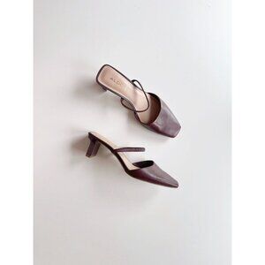 ALDO Afean Dark Brown Burgundy Leather Square Toe Slip On Mules Slides, Size 7